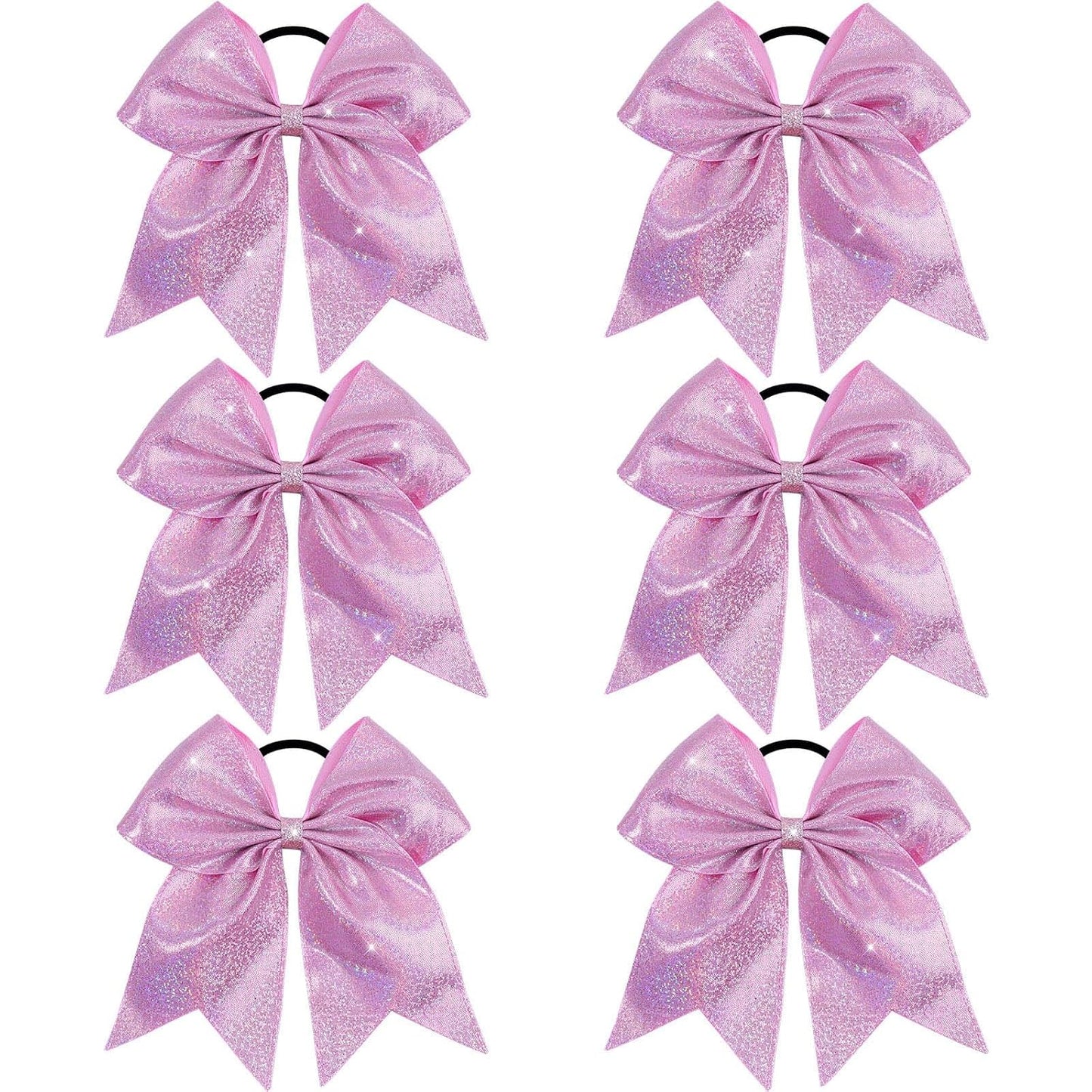 OAOLEER 6PCS Glitter Cheer Hair Bows for Cheerleading, Sparkly Ponytail Holder Elastic Band Handmade Hair Tie for Cheerleader Teen Girls College Sports (Pink)