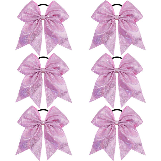 OAOLEER 6PCS Glitter Cheer Hair Bows for Cheerleading, Sparkly Ponytail Holder Elastic Band Handmade Hair Tie for Cheerleader Teen Girls College Sports (Pink)