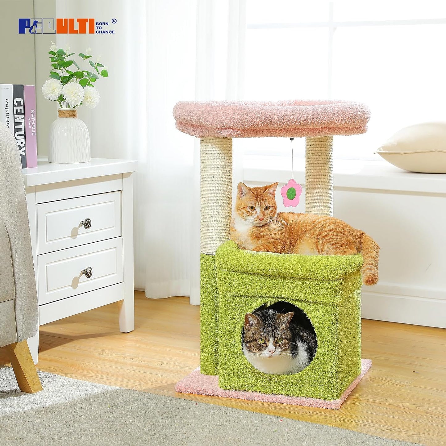 PEQULTI Cat Tree Flower Cat Tower for Indoor Cats with Private Cozy Cat Condo, Natural Sisal Scratching Posts and Plush Pom-pom for Small Cats, Pink
