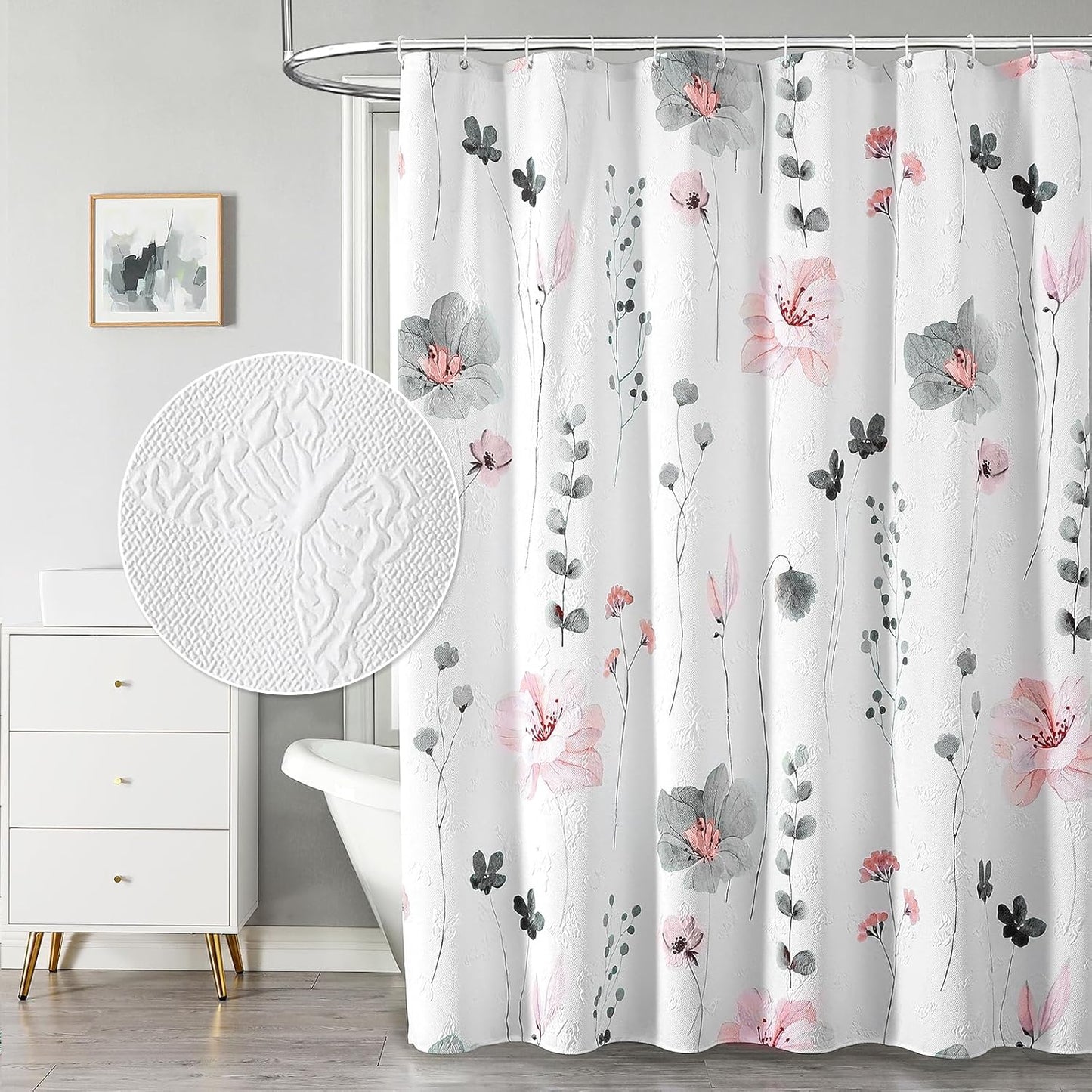 QiyI Watercolor Floral Shower Curtain, 3D Embossed Butterflies Grey Pink Flower Bathroom Curtain, Minimalist White Cloth Bath Curtain, Waterproof Fabric Textured Shower Curtain Set with Hooks, 72x72