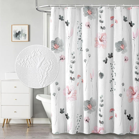 QiyI Watercolor Floral Shower Curtain, 3D Embossed Butterflies Grey Pink Flower Bathroom Curtain, Minimalist White Cloth Bath Curtain, Waterproof Fabric Textured Shower Curtain Set with Hooks, 72x72