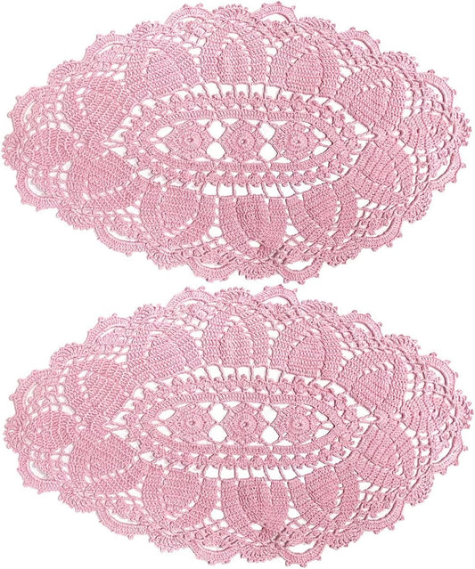 Mother's Day Wedding 2PCS 11.8 x 22 inches Lace Doilies Pink Placemats Oval Round Flower Handmade Crochet Doily Table Mat for Kitchen