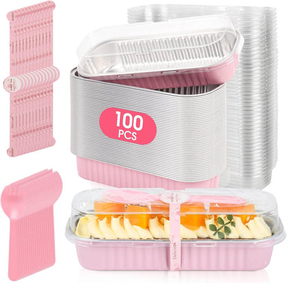 100 Pack Mini Cake Pans with Lids and Spoons, Disposable Aluminum Foil Cake Tins（6.8oz） Individual Small Cake Baking Containers for Party, Wedding, Birthday