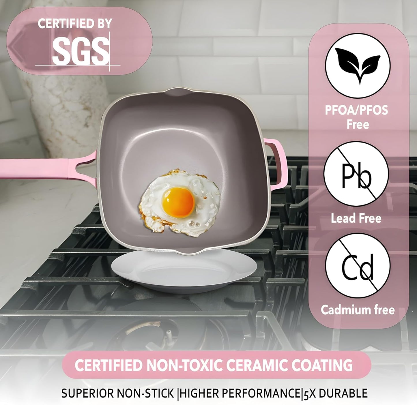 11" Square Ceramic Nonstick Frying Pan with Lid & Steamer Basket – Deep Saute Pan Skillet, PFAS-Free Non Toxic Cast Aluminum, Induction Compatible, Dishwasher Safe, Pink