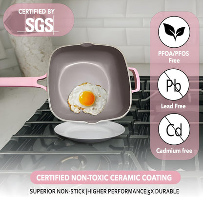 11" Square Ceramic Nonstick Frying Pan with Lid & Steamer Basket – Deep Saute Pan Skillet, PFAS-Free Non Toxic Cast Aluminum, Induction Compatible, Dishwasher Safe, Pink