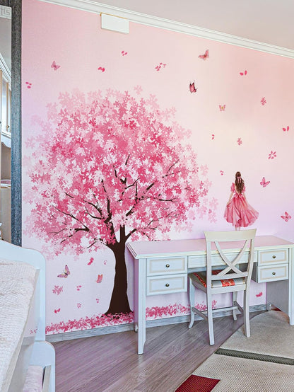 Wall Stickers Large Pink Cherry Blossom Tree Peel and Stick Removable Art Decals Decorative Ballgown Girl Butterflies Floral Wall Decor for Girls Kid Bedroom/Living Room Nursery,115cmX156cm