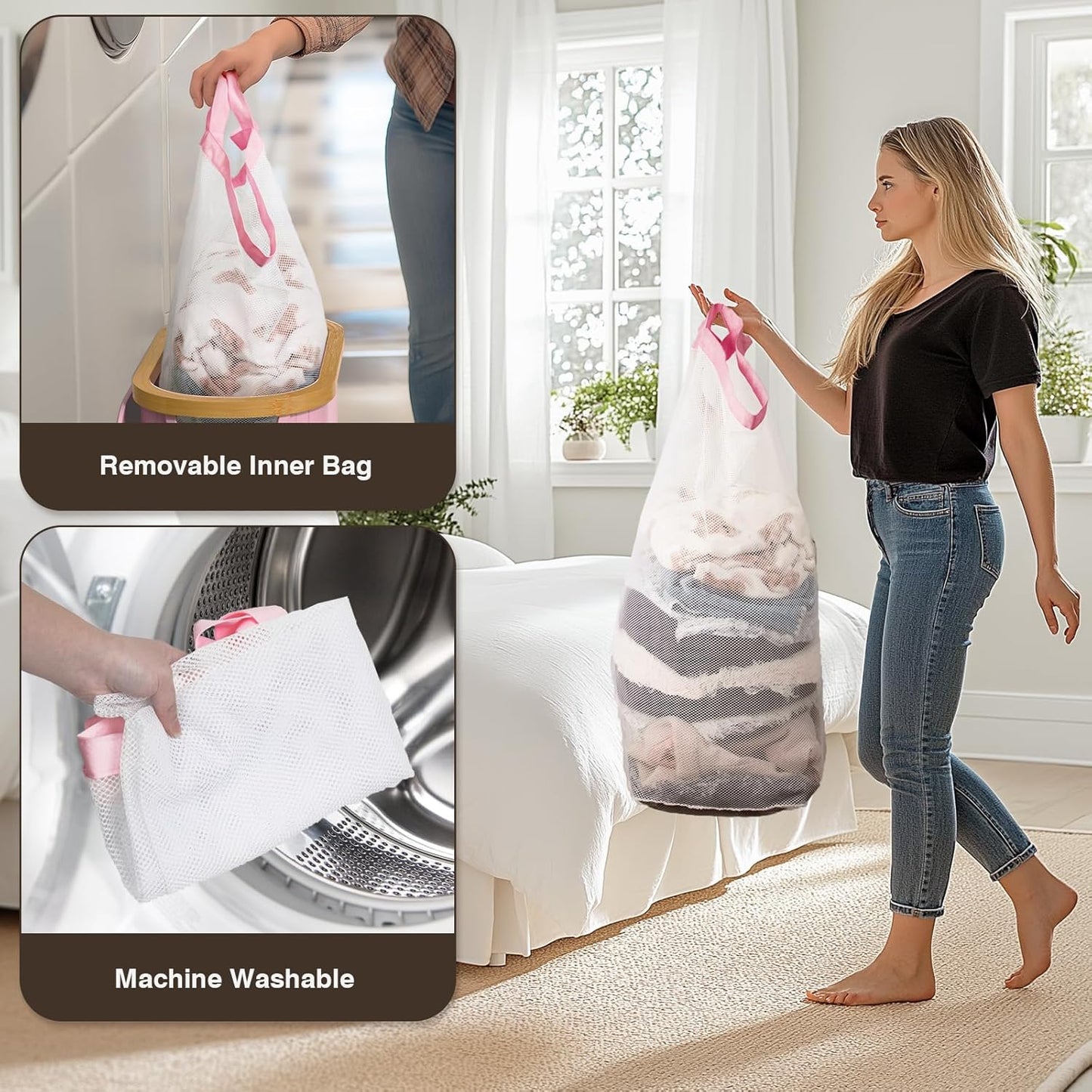 Slim Laundry Hamper with Lid, 60L Small Laundry Basket with Handles&Removable Bag, Thin Dirty Clothes Hampers for Laundry, Narrow Laundry Hampers for Bedroom Aesthetic, Pink
