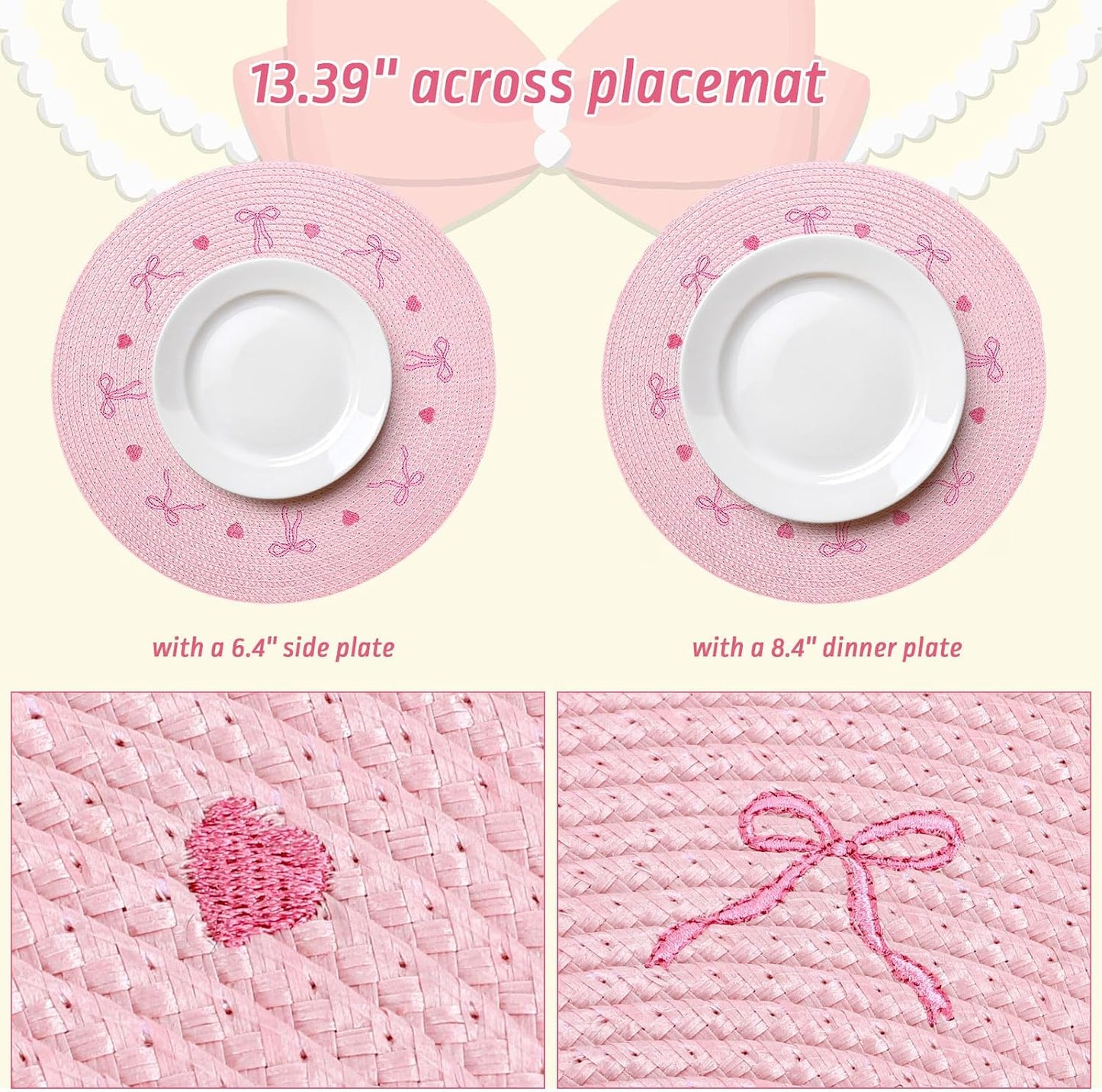 Whaline 4 Pcs Pink Bow Embroidered Placemats Round Place Mats Coquette Bow Dinner Table Mats for Home Wedding Baby Shower Birthday Party Decor