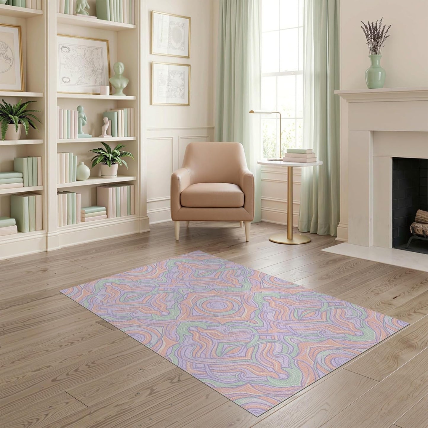 4'x6' Washable Abstract Swirl Area Rug, Peach Flatwoven Floor Mat Non-Slip Chair-Friendly Carpet for Home Office, Gaming Room, Under Desk | Ref:2091782
