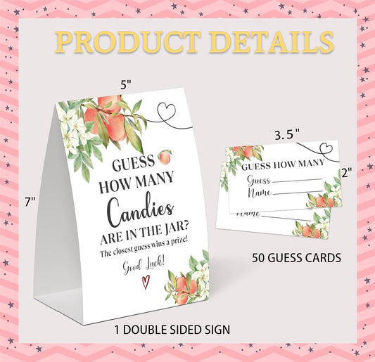 Sweet Peach Guess How Many Candies Are in the Jar Game for Baby Shower, Pack of One 5x7 Sign and 50 Guessing Cards, White Floral Peach Baby Shower Decoration, Gender Neutral Party Supplies - GC06