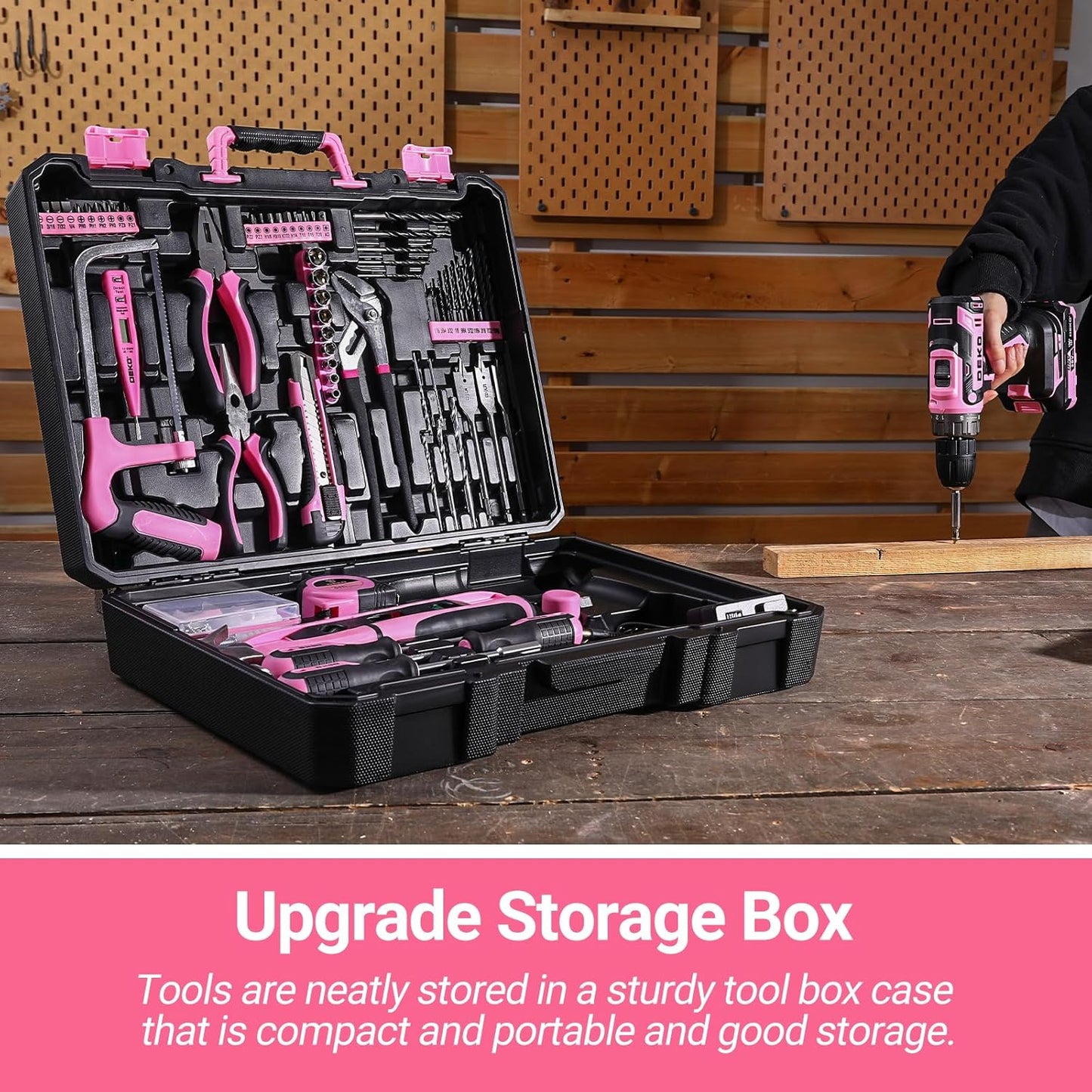 Pink Power Drill Tool Kit Set: 20V Cordless Electric Drill, Driver, Tool Box with Battery
