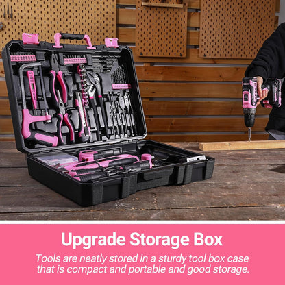Pink Power Drill Tool Kit Set: 20V Cordless Electric Drill, Driver, Tool Box with Battery
