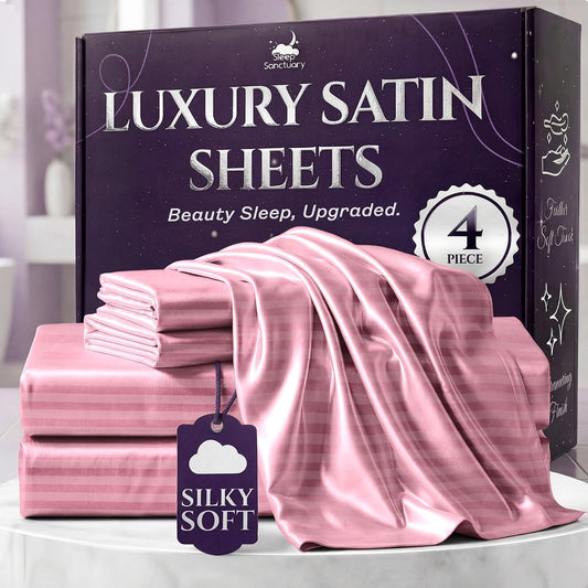 SLEEP SANCTUARY Satin Sheets Queen Size – 4 Piece Luxury Silky Bed Set, Softer Than Silk, 15" Deep Pocket, Cooling & Wrinkle-Free, Moisture-Wicking & Breathable for Hair & Skin (Striped Pink)