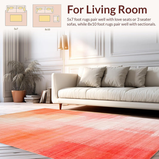 Flatwoven High Traffic Area Rug 5x7, Modern Abstract Brushstroke Rug with Gradient Hues, Non Slip, Stain Resistant, Washable Area Rugs for Living Room, Bedroom (Peach, 5x7)