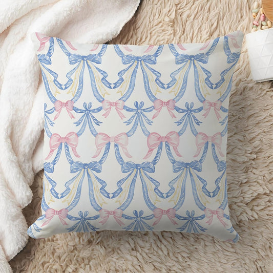 Pastel Bow Pillow Cover 18x18 – Vintage Pink and Blue Ribbon Throw Pillow for Coquette Bedroom or Grandmillennial Decor – Soft Aesthetic Style