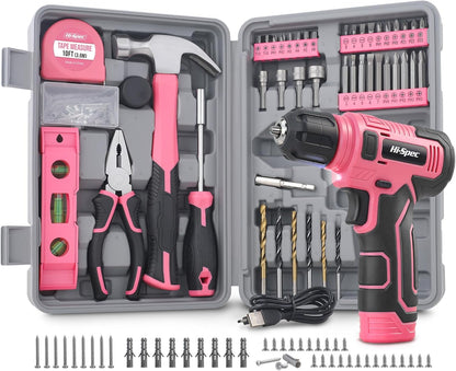 Hi-Spec 8V Cordless Drill Set & Tool Kit for Women – Ladies Complete Rechargeable Electric Power Drill Driver with Starter Tools, Compact Hand Toolbox, Pink, Ideal for Home Projects
