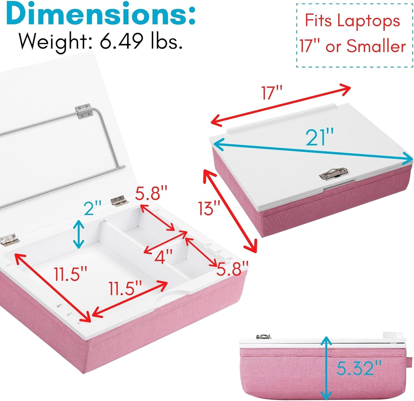 BIRDROCK HOME Lap Desk with Storage and Cushion | Deep Compartment and Adjustable Top with Clip | Fits Laptop Up to 15" | Pink | Computer Accessories | Laptop and Writing Desk