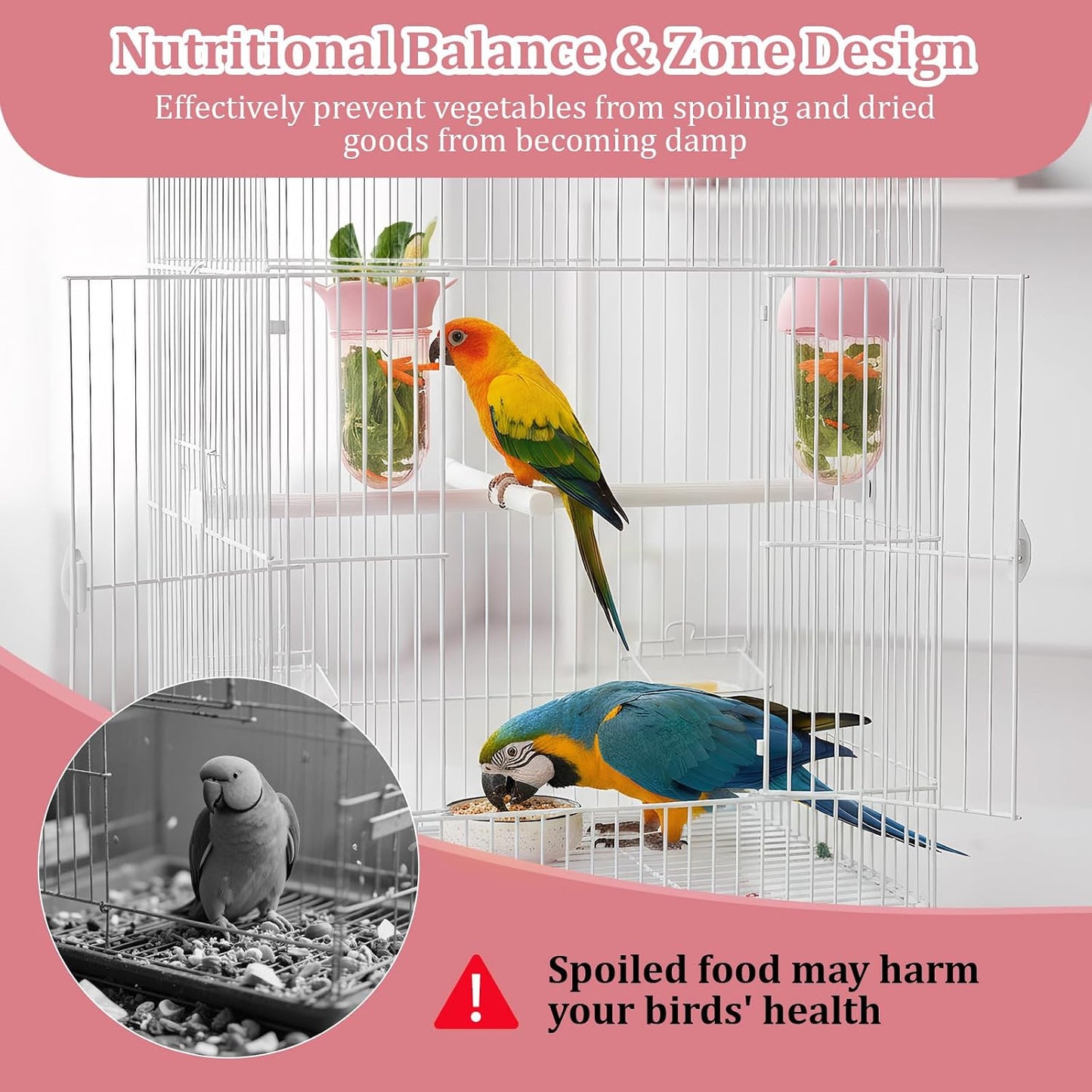 2 PCS Bird Cage Vegetable Feeder, Bird Food Dispenser with Water Storage Design to Keep Vegetables Fresh, Hanging Birds Feeder, Parakeet Cage Accessories for Cockatiel & Small Birds (Pink)