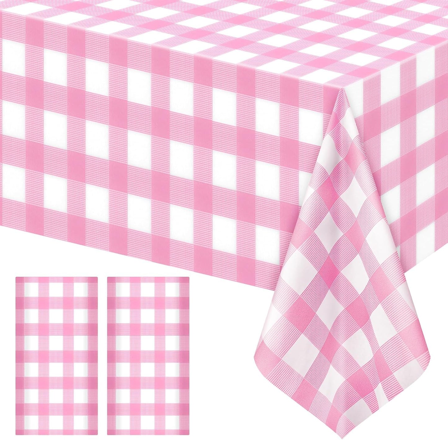 2 Pack Pink Striped Gingham Tablecloths, 54 x 108 Inch Disposable Plastic Rectangle Table Covers, Waterproof Pink and White Checkered Pink Table Cloths for Picnic, Birthday, Party, Outdoor Events