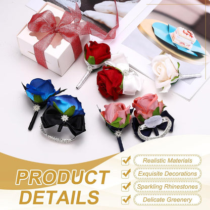 uxcell 2Pcs Rose Wrist Corsage Boutonnieres Set, Artificial Wrist Corsages Men Boutonnieres with Black Satin Ribbon Rhinestone Decor for Prom Wedding Party, Rose Pink