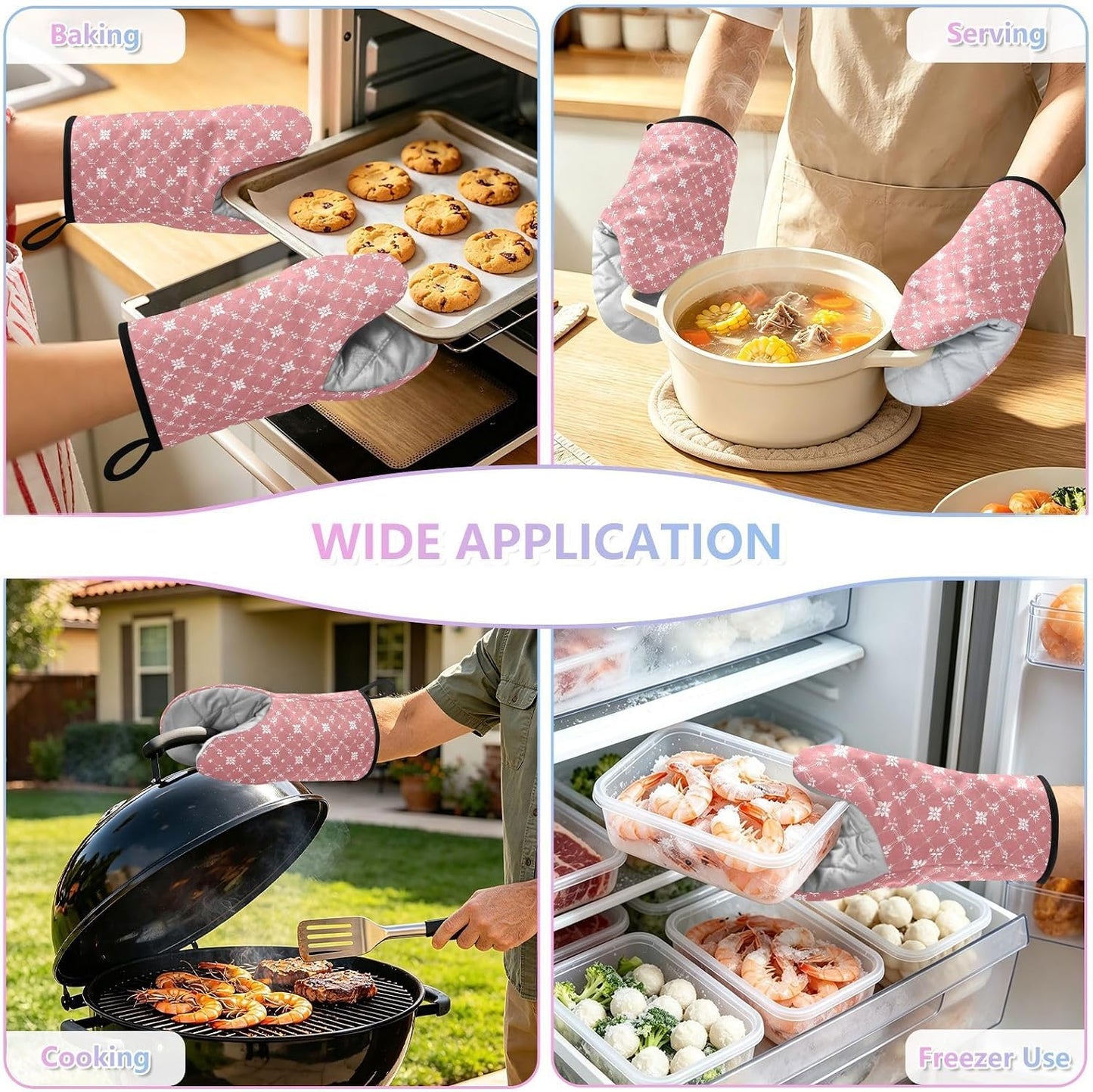 Oven Mitt 2 Pack Set Light Pink Art Kitchen Mitts Gloves for for Cooking Baking Grilling