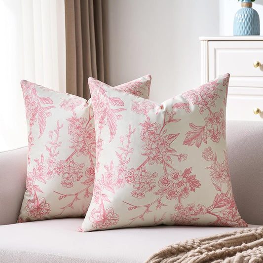 Pink Floral Throw Pillow Covers 18x18 Inch Velvet Pillowcase Vintage Rustic Farmhouse Chinoiserie Flower Cushion Covers for Bed Sofa Patio Furniture Couch Home Decor Set of 2