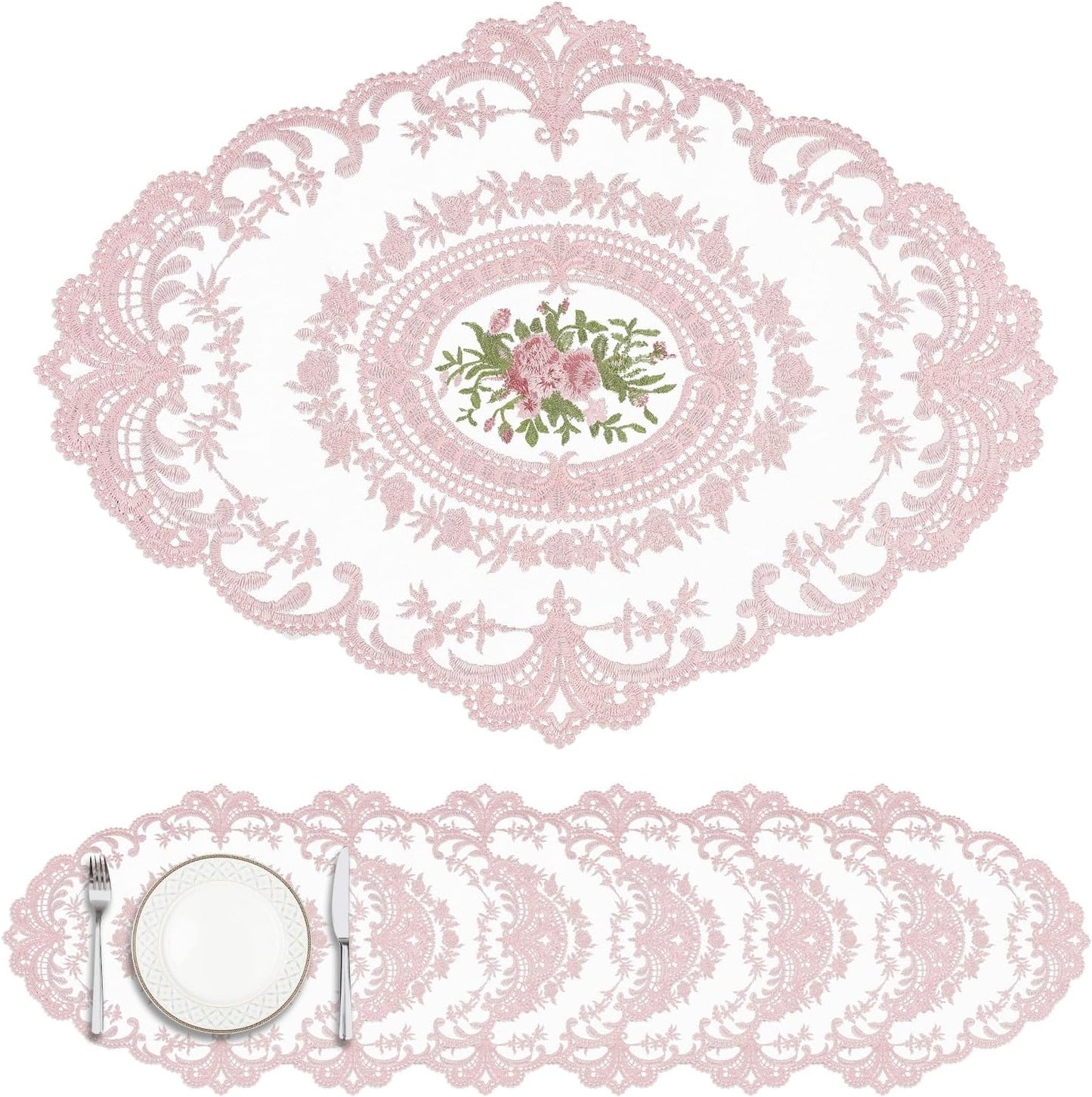 18 x 12 inch Set of 6 Lace Oval Placemats Vintage Floral Embroidered Washable Table Mats, Retro French Crochet Doilies Cup Mat for Wedding Tea Party, Pink