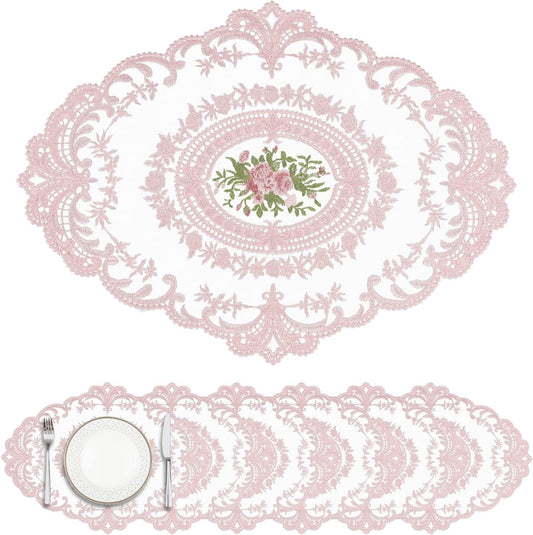 18 x 12 inch Set of 6 Lace Oval Placemats Vintage Floral Embroidered Washable Table Mats, Retro French Crochet Doilies Cup Mat for Wedding Tea Party, Pink