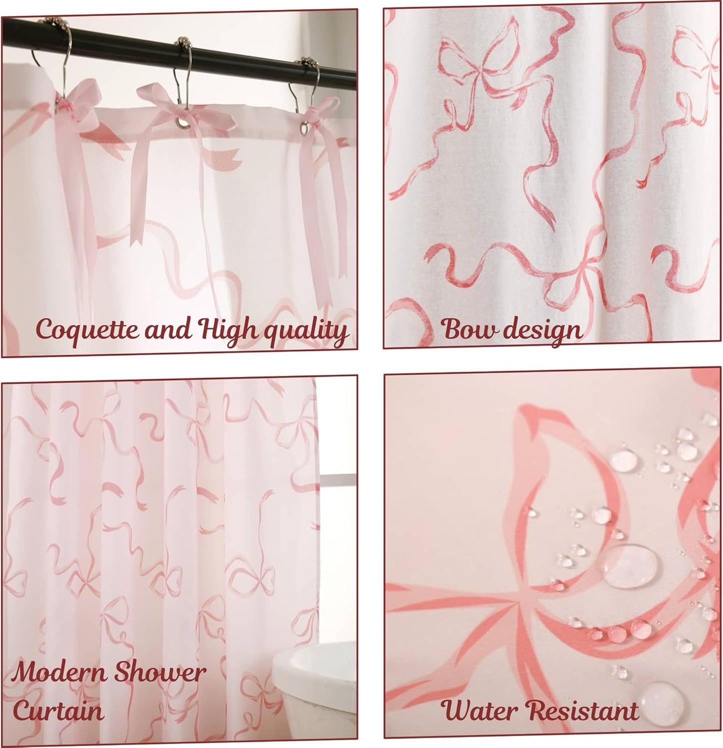 Bow Shower Curtain, Coquette Handcrafted Bow Tie Bath Curtain for Master Bathroom, Ruched Microfiber Bathroom Curtain with 12 Buttonholes, 72" W x 72" H (Coquette Pink)