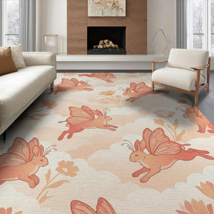 6'x9' Washable Kawaii Floral Area Rug, Peach Foldable Non-Slip Large Carpet Foldable Easy Care Carpet for Queen Size Bedroom, Under Bed, Master Bedroom | Ref:1969583