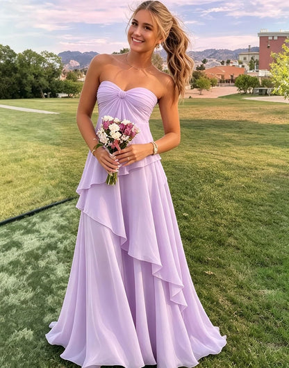 Strapless Bridesmaid Dresses Long for Women Chiffon Tiered Aline Formal Evening Dress ZU171