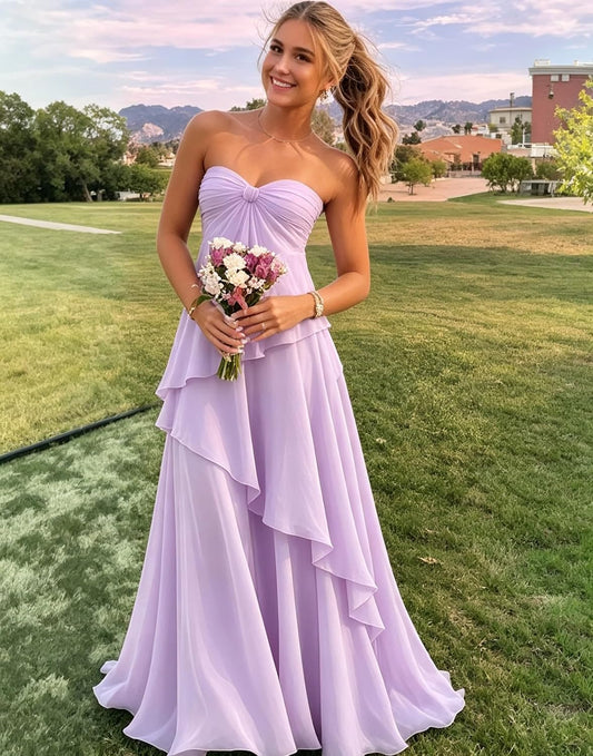 Strapless Bridesmaid Dresses Long for Women Chiffon Tiered Aline Formal Evening Dress ZU171