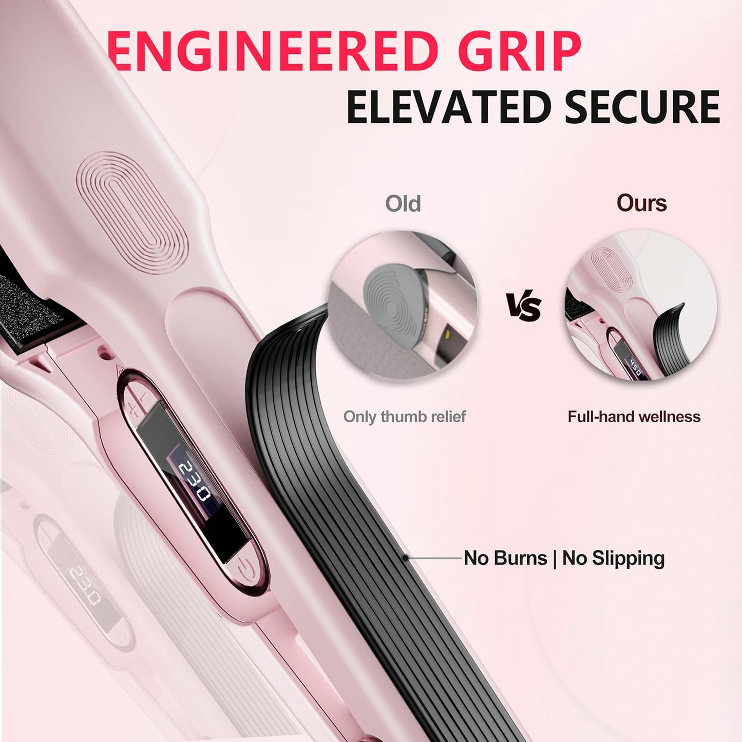Ceramic Flat Iron Hair Straightener with 3D Floating Plate,Hair Iron Straightener with 15 Temps for Thick Hair | Ergonomic Silicone Handle | LCD Display | Dual Voltage (Light Pink)