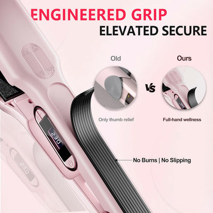 Ceramic Flat Iron Hair Straightener with 3D Floating Plate,Hair Iron Straightener with 15 Temps for Thick Hair | Ergonomic Silicone Handle | LCD Display | Dual Voltage (Light Pink)