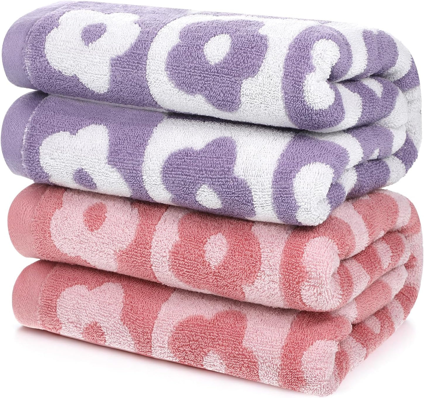 2 PCS Checkered Bath Towels Cute Cotton Floral Bath Towel Soft Absorbent Large Shower Towels for Bathroom, Pool, College Dorm, 27.5x55 Inches, Pink and Purple