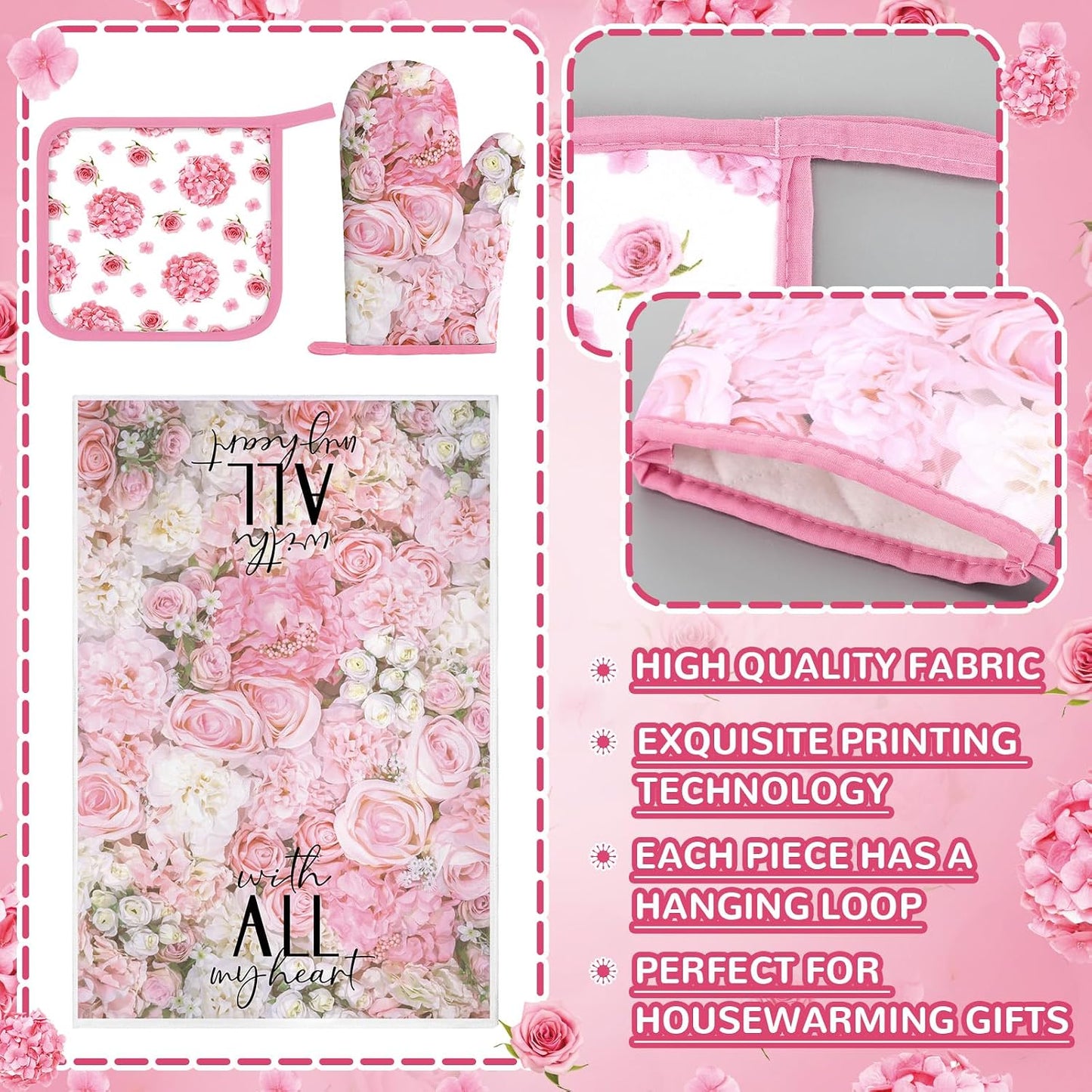 Fourluoo 10 Pcs Pink Floral Kitchen Decor Sets 4 Rose Kitchen Dish Towels 2 Hydrangea Pot Holders 2 Oven Mitts Glove 2 Pink Flowers Rustic Non Slip Rugs and Mats for Floor Home Accessories Mom Gift