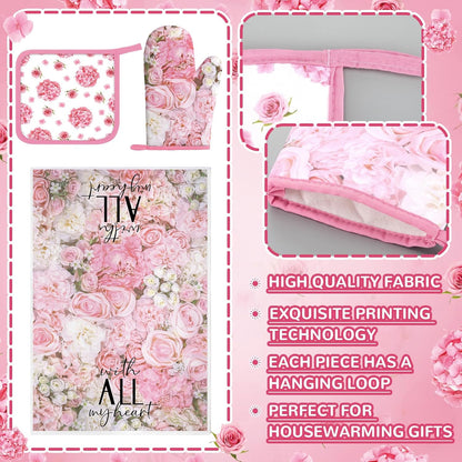 Fourluoo 10 Pcs Pink Floral Kitchen Decor Sets 4 Rose Kitchen Dish Towels 2 Hydrangea Pot Holders 2 Oven Mitts Glove 2 Pink Flowers Rustic Non Slip Rugs and Mats for Floor Home Accessories Mom Gift