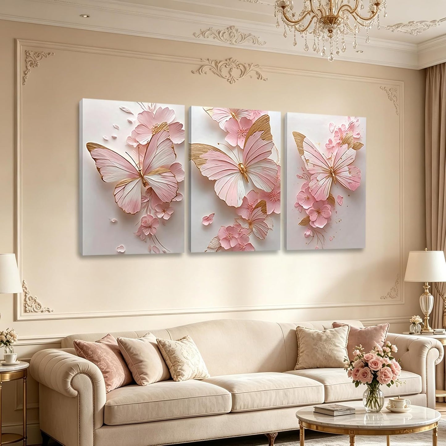 3 Pcs Pink Butterfly Floral Canvas Wall Art, Pink and Gold Room Wall Decor, HotPink Flower Painting Poster, Aesthetic Butterfly Picture for Grils Room Living Room Bathroom Bedroom Home Decorations 12 * 16 in (Stretched Canvas on A Wooden Frame)