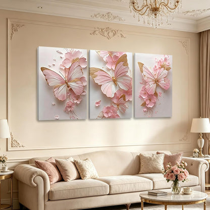 3 Pcs Pink Butterfly Floral Canvas Wall Art, Pink and Gold Room Wall Decor, HotPink Flower Painting Poster, Aesthetic Butterfly Picture for Grils Room Living Room Bathroom Bedroom Home Decorations 12 * 16 in (Stretched Canvas on A Wooden Frame)