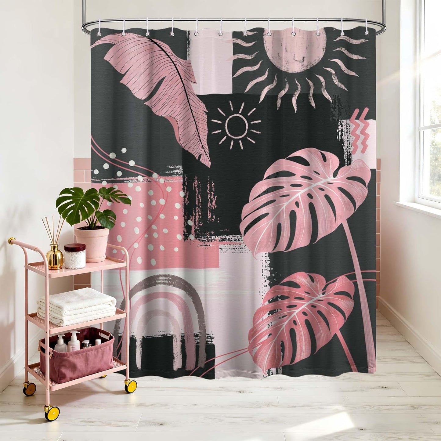 Pink and Gray Mid Century Modern Shower Curtain Bohemian Abstract Light Pink and Grey Shower Curtains for Bathroom Decor Sets, Waterproof Cloth Fabric with Hooks, 70x72 Inch