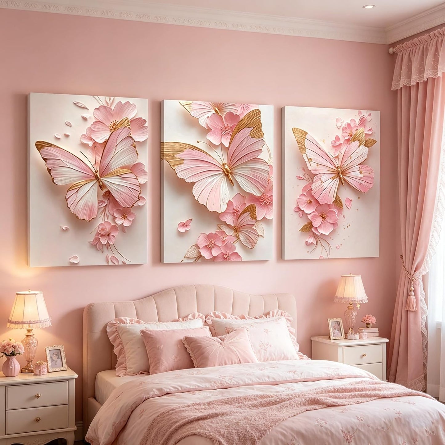 3 Pcs Pink Butterfly Floral Canvas Wall Art, Pink and Gold Room Wall Decor, HotPink Flower Painting Poster, Aesthetic Butterfly Picture for Grils Room Living Room Bathroom Bedroom Home Decorations 12 * 16 in (Stretched Canvas on A Wooden Frame)