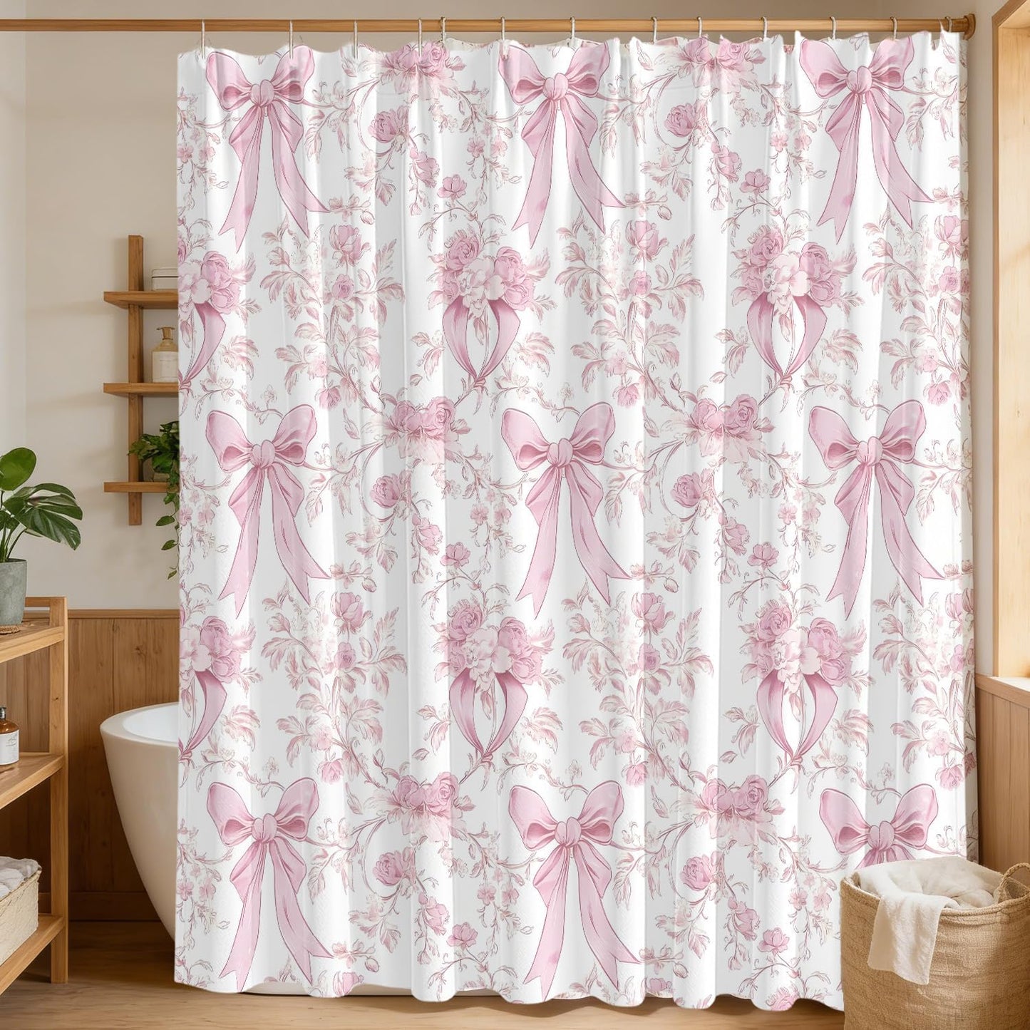 Pink Bow Shower Curtain Decor, Pink and White Girly Shower Bath Tub Curtain, Aesthetic Coquete Waterproof Bathroom Decor(72 X 72 Inches)