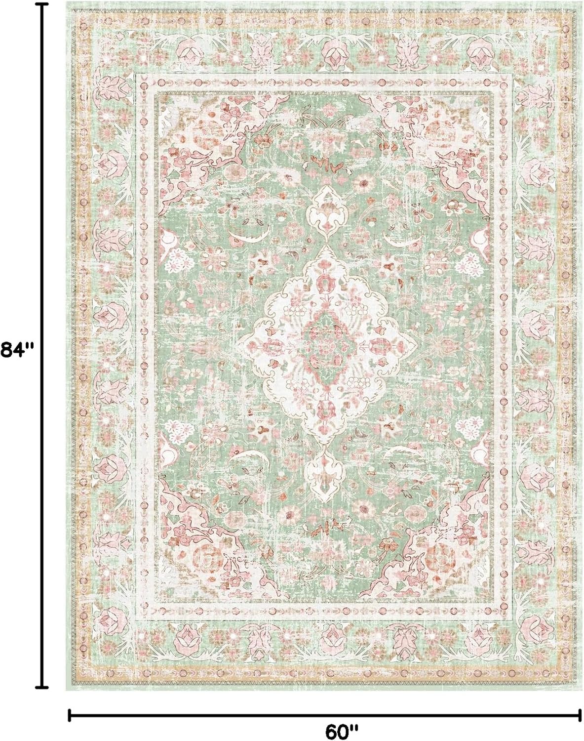 Vhong Washable Area Rugs Boho Vintage Modern Neutral Large Carpet Green and Pink High Traffic Rugs 5×7 for Dinning Room Living Room Bedroom Farmhouse Non Slip