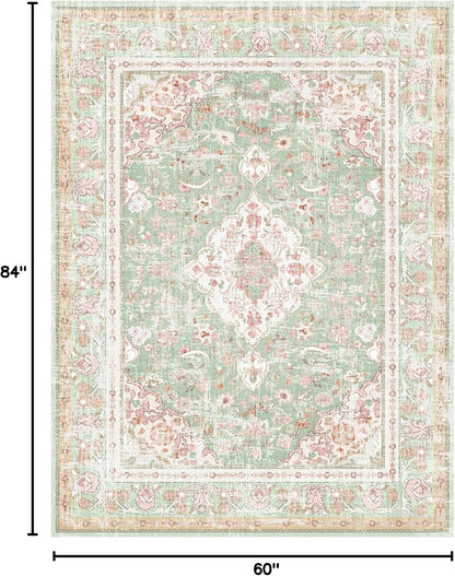 Vhong Washable Area Rugs Boho Vintage Modern Neutral Large Carpet Green and Pink High Traffic Rugs 5×7 for Dinning Room Living Room Bedroom Farmhouse Non Slip