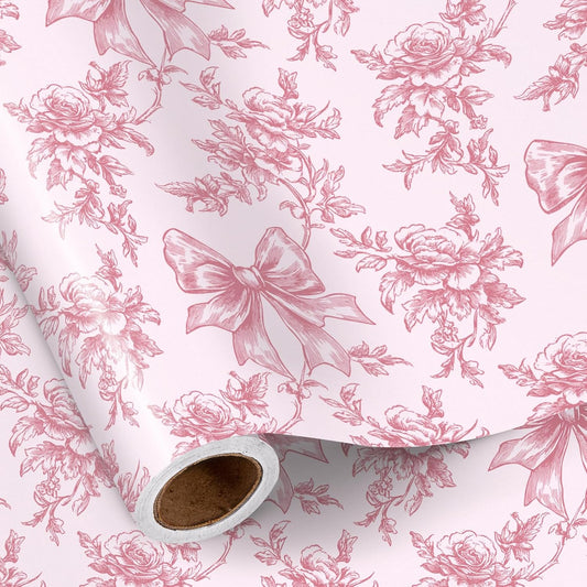 RUSPEPA Vintage Floral Bow Wrapping Paper Roll, Mini Roll, Elegant Roses and Bows Design, Sweet Pink Gift Wrap for Girls, Wedding, Birthday, Valentine's Day, Bridal Shower, 17 Inches x 16.4 Feet