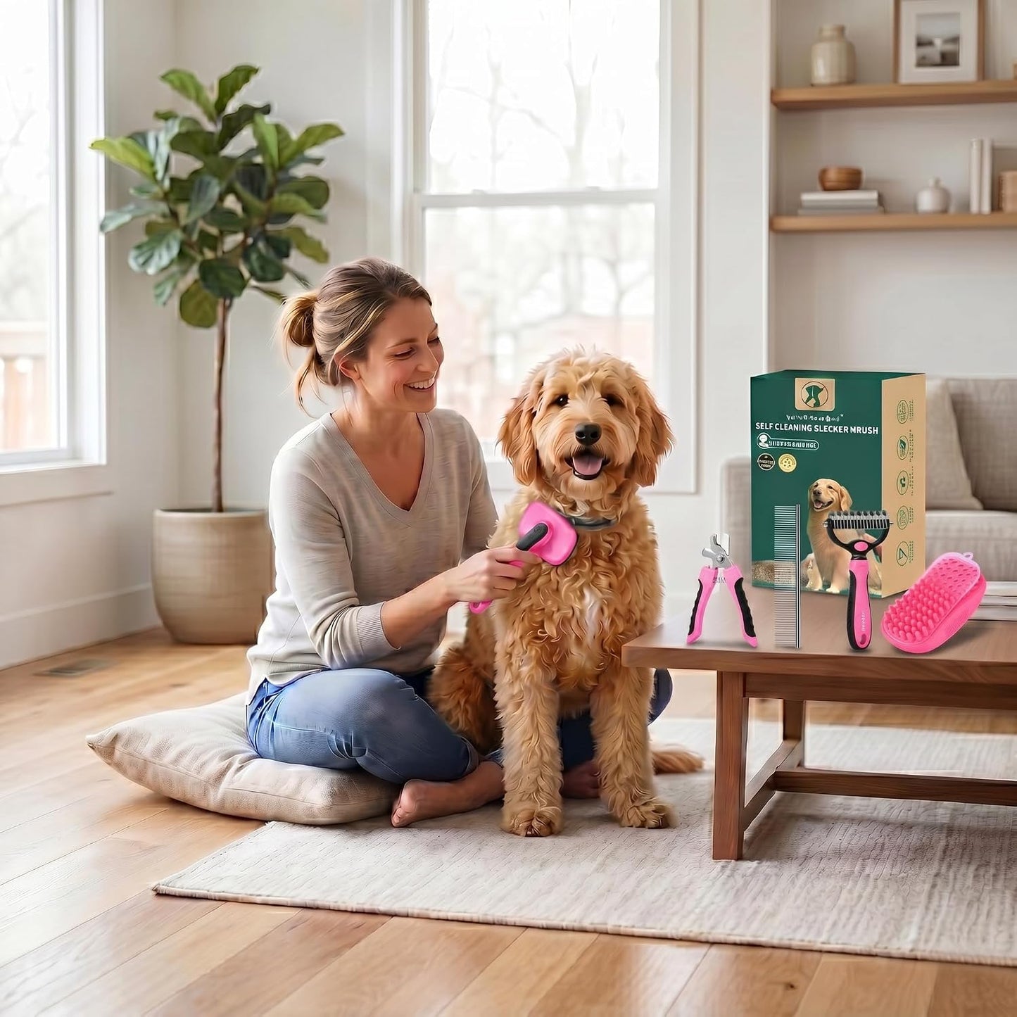 5PCS Self Cleaning Slicker Brush and Dog Grooming Kit, Pink | Deshedding Brush Kit for Dogs & Cats, Ideal for Short Long Hair, Daily Detangling & Cleaning Mats at Home or Travel