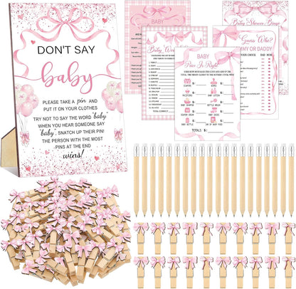 Patelai 321 Pcs Pink Bow Baby Shower Decorations Set 5 Games Include Pink Ribbon Baby Shower Bingo Word Scramble Description The Price Guess Don't Say The Word Sign for Coquette Bow Game Party Decor