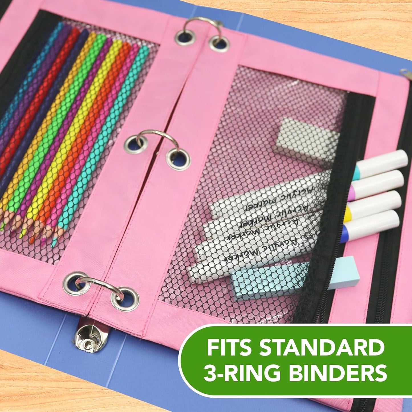 Pencil Pouch for 3 Ring Binder, Heavy Duty Canvas Dual Zipper Pen Bag with Clear Window, Smooth Metal Zipper, Fit Standard 3-Ring Binders for School Office Travel Supplies (Pink)