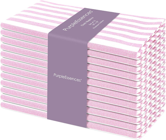 PurpleEssences Plain Striped Cloth Napkins - Set of 12-100% Cotton - 18 x 18 Inch - Spring Easter Summer and Perfect Everyday Use Dinner Napkin - Blush Pink and White