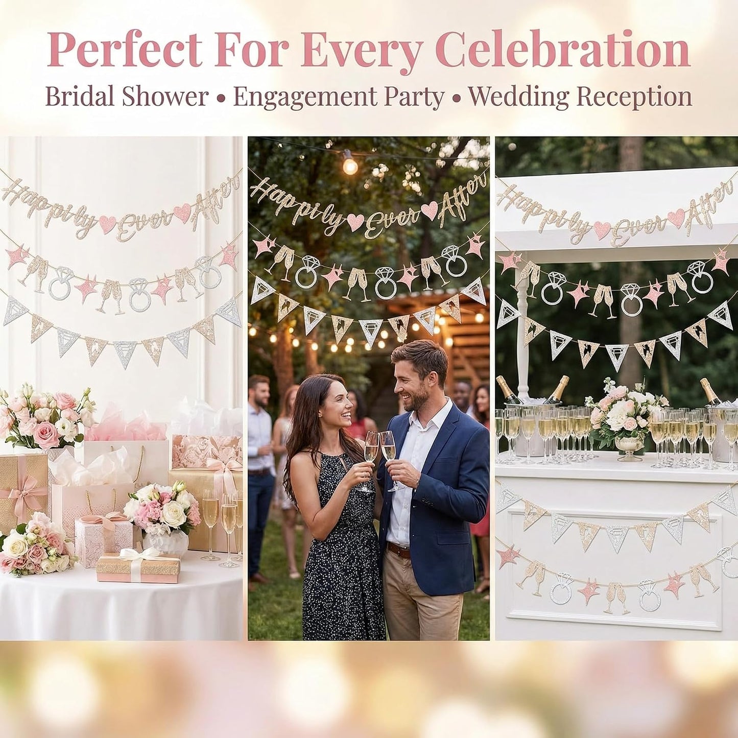 Hopecore Pre-Strung Happily Ever After Banner Set, Pink & Gold Glitter Wedding Bunting Decorations with Diamond Ring & Champagne Glass Cutouts for Bridal Shower, Engagement Party, Wedding Reception